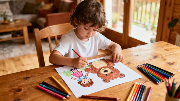 Dieťa kreslí Mašu a medveďa pri stole