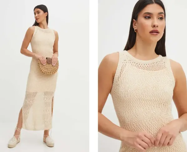 Žena oblečená v krémových letných pletených šatách