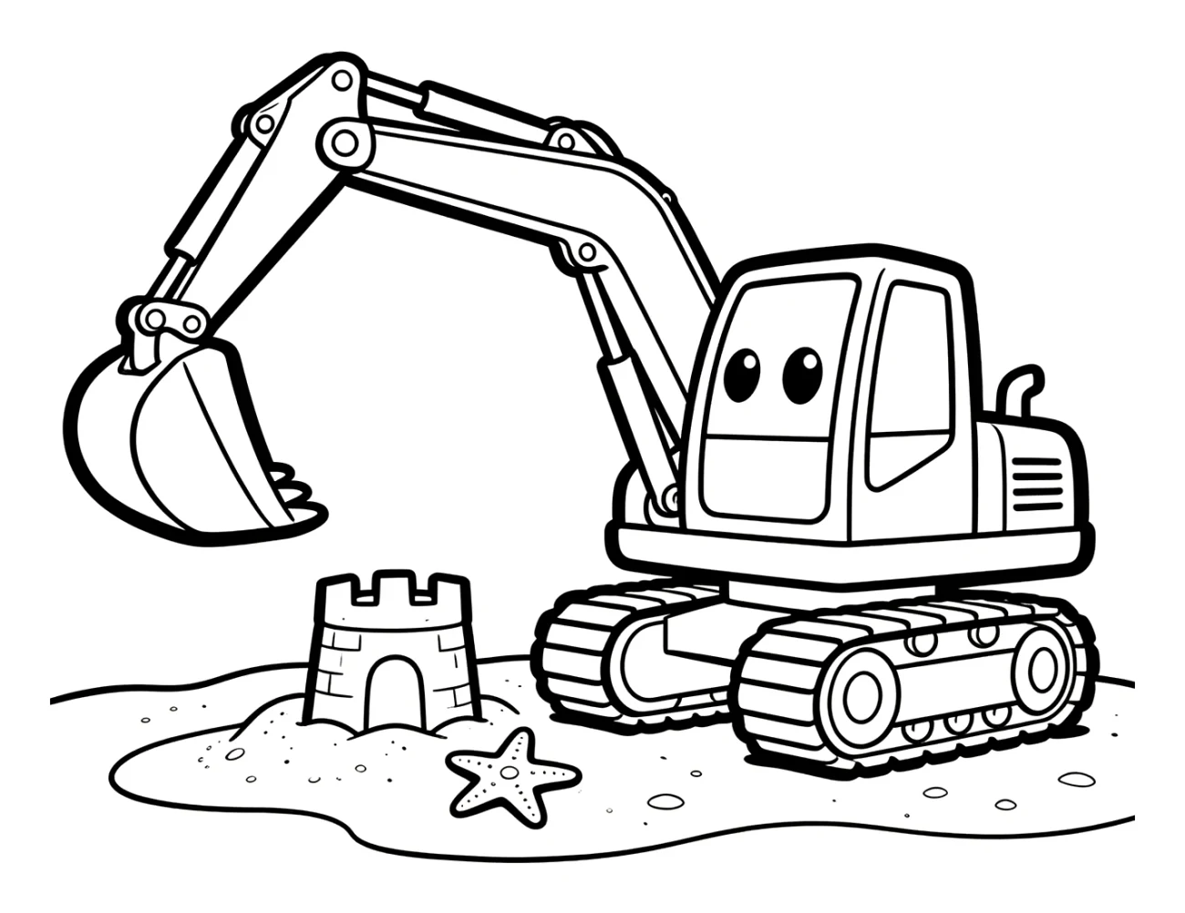 Bager na pláži s pieskovým hradom