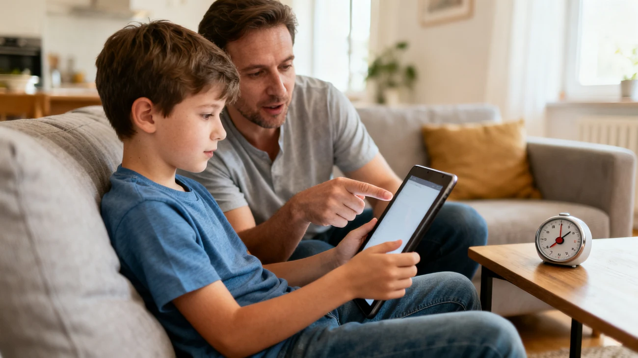 Dieťa drží tablet, rodič pri ňom nastavuje pravidlá